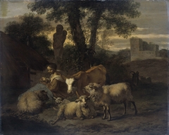 Italian Landscape with Shepherdess and Animals by Simon van der Does