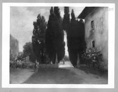 Italienischer Garten mit Zypressen, Villa und weiblicher Gestalt by Friedrich August von Kaulbach
