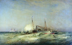 Kampf des Dampfschiffs Vesta mit dem türkischen Schlachtschiff Fethi-Butland im Schwarzen Meer am 11. Juli 1877.