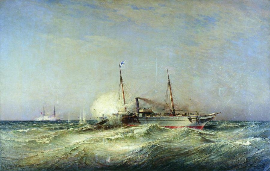 Kampf des Dampfschiffs Vesta mit dem türkischen Schlachtschiff Fethi-Butland im Schwarzen Meer am 11. Juli 1877.