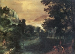 Landscape with Jesus and his disciples on their way to Emmaüs (Luke 24:13-35) by Gillis van Coninxloo