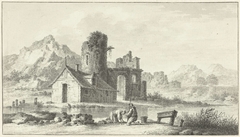 Landschap met huis voor ruïne en op de voorgrond twee figuren by Louis E.F. Garreau