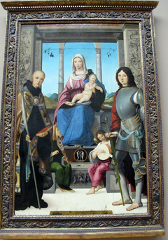 Madonna and Child with St. Benedict, St. Quentin and Two Angels by Francesco Marmitta