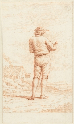 Man met een kruik, op de rug gezien, in een landschap by Jordanus Hoorn