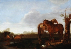 Meadow Landscape with Horses, Cows and Ducks by style of Paulus Potter