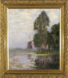 Mill near tall trees with bright color reflections by Piet Mondrian