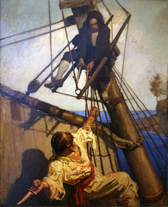 "One more step, Mr. Hands," said I, "and I'll blow your brains out!" by N.C. Wyeth