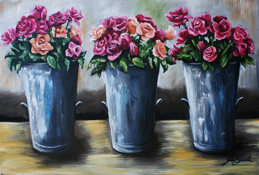 Pails of Pink Roses