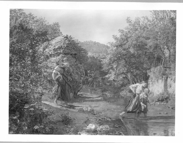 Peasant woman crosing a creek in a ravine