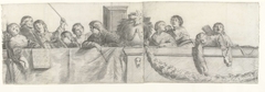 Personen op een balustrade met festoenen by Cornelis Holsteyn
