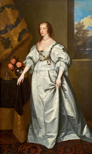 Portrait of Queen Henrietta Maria standing full-length in a white satin gown
