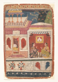Radha and Her Confidant Sit in an Open Room: Page from a Dispersed Rasikapriya by Anonymous