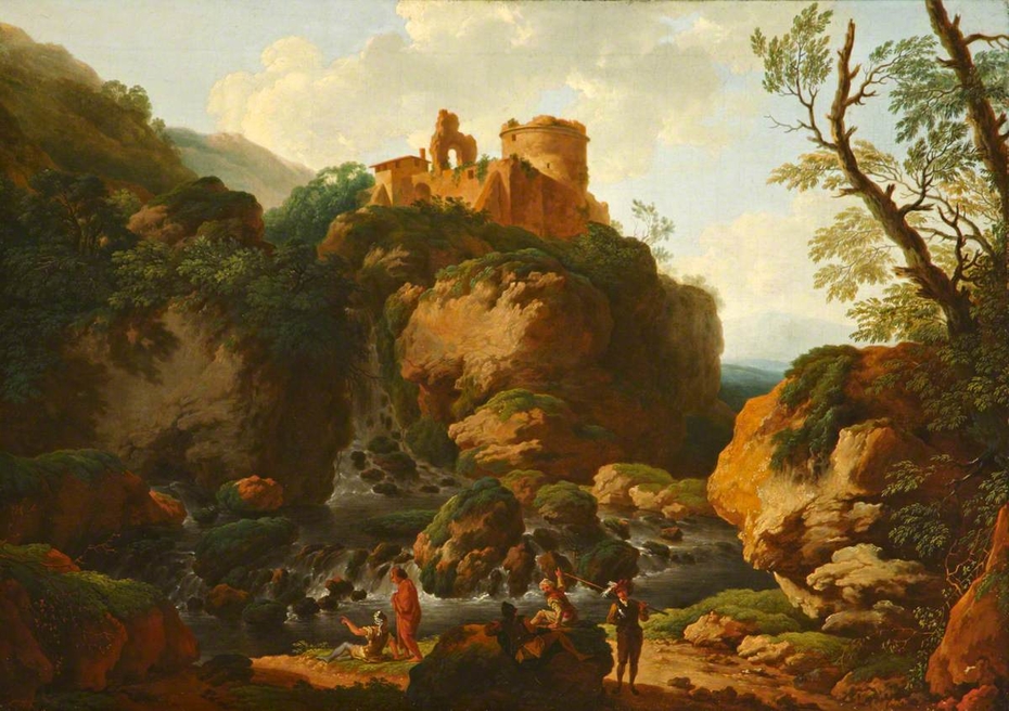 Rocky Waterfall with a Ruined Castle