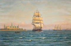 Sailing ships and a ferry off Kronborg. by Vilhelm Arnesen