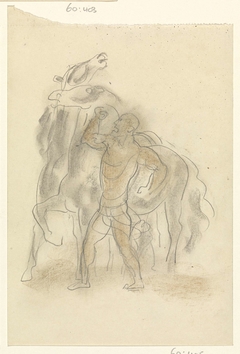 Schetsblad met naakte man, die twee paarden in bedwang houdt by Leo Gestel