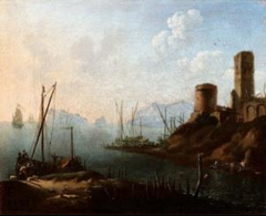 Seascape with boats at the landing and towers