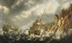 Ships in stormy sea near a rocky coast by Anonymous