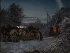 Sleigh in front of a hut at night by Józef Chełmoński