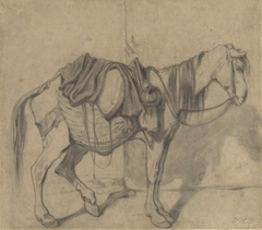 Staand lastpaardje met zijmanden en een kruik by Alexandre-Gabriel Decamps