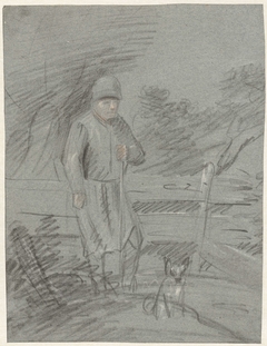 Staande herder met zijn hond, bij een omheining by Simon Andreas Krausz