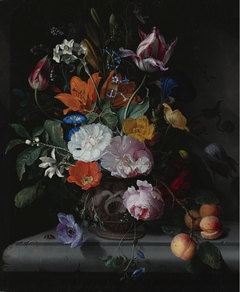 Still Life of Flowers and a Branch of Peaches in a sculpted Vase, standing on a Ledge by Jacob van Walscapelle