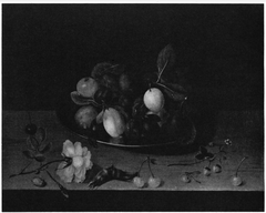Still life of plums on a table with a rose by Jacob van Hulsdonck