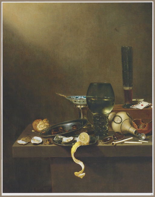 Still life with a passglass, salt cellar, playing cards, roemer, brazier, pipe, stoneware tankard, bread and oysters