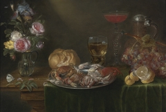 Still Life with a Platter of Crabs and Shrimp, a Glass Jug of Flowers