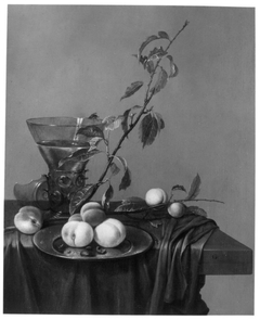 Still life with berkemeyer and peaches by Gerrit van Vucht