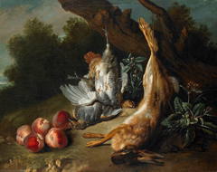 Still Life with Dead Game and Peaches in a Landscape by Jean-Baptiste Oudry