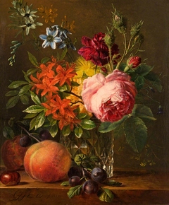 Still Life with Flowers with a Peach by Georgius Jacobus Johannes van Os
