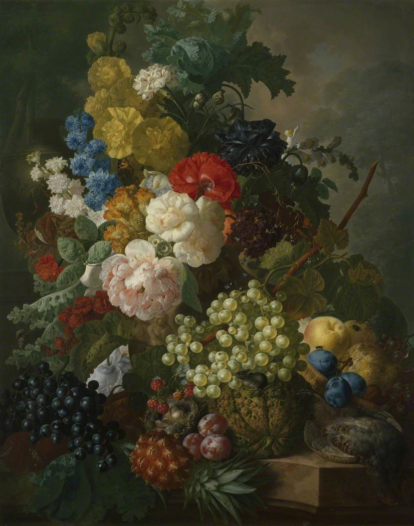 Still life with Roses, Larkspur and Fruit, with a Partridge