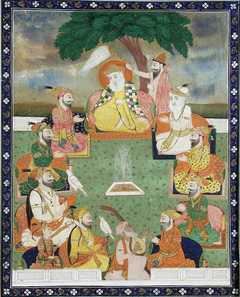 The nine Sikh gurus seated in a circle under a tree