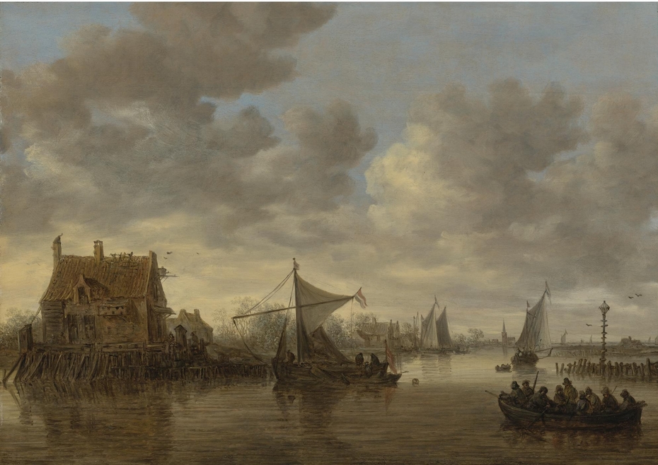 The Oude Wachthuis on the Kil near Dordrecht with small ships and a ferry