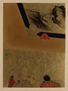 Three Men Looking at Framed Lacquer Drawing by Shibata Zeshin