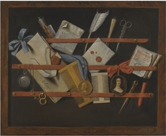 Trompe l'oeil still-life of a letter rack by Evert Collier