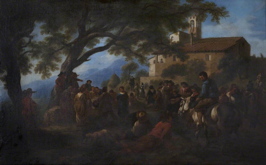 Villagers gathered under a Tree in front of a Small Monastery