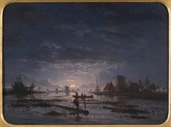 Weids riviergezicht met vissers bij nacht by Jacob Abels