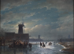 Winterlandschap met 'koek en zopie' bij nacht by Andreas Schelfhout