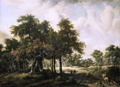 Wooded landscape with cottages by Meindert Hobbema