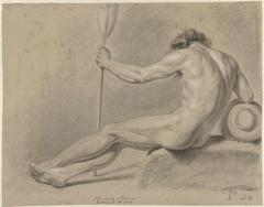 Zittend mannelijk naakt, op de rug gezien, een roeispaan in de linkerhand by Hendrik Stokvisch