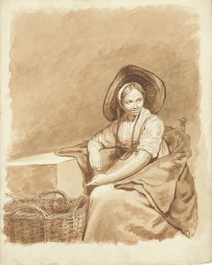 Zittend meisje met een grote hoed en een mand by Pieter van Loon