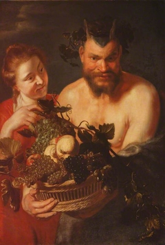A Bacchante with a Satyr holding a Basket of Fruit by after Sir Peter Paul Rubens