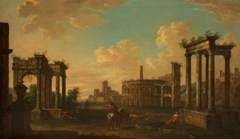 A Capriccio of Roman Ruins with Rustic Figures by Unknown Artist