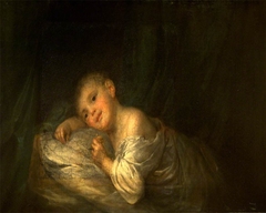 A Child lying on a Bed holding a Flower by Anonymous