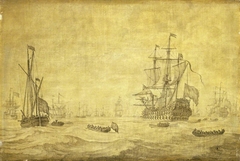 A Dutch two-decker and a galjoot lying-by with the fleet at sea, ca.1672