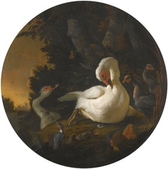 A Mute Swan, a Goose, and Other Fowl on a Wooded River Bank by Abraham Busschop