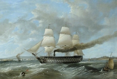 A three-decker under sail and steam entering a harbour by British School