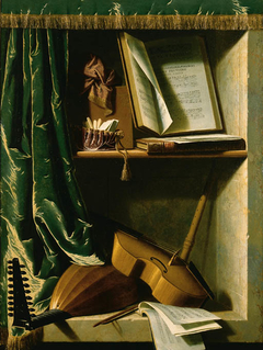 A Trompe L'oeil of a Lute, a Viol and a Recorder, with books of Music in a curtained stone niche by Michel Boyer