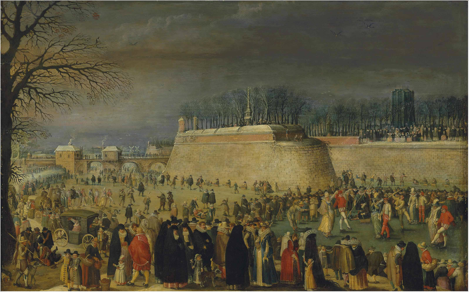 A winter carnival with figures on the ice before the Kipdorppoort Bastion in Antwerp